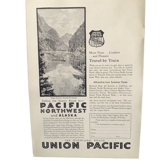 Vintage 1930 Union Pacific Scenic Route to Alaska Ad Advertisment - Picture 1 of 4